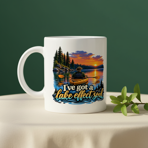 Lake Effect Soul mug, pine-green background