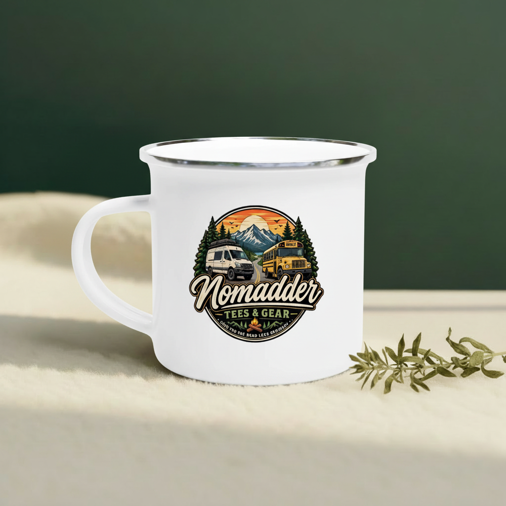 Nomadder logo mug, pine-green background