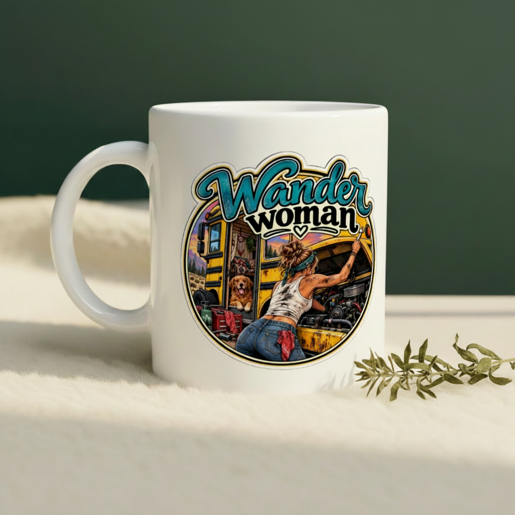 Wander Woman mug pine-green background